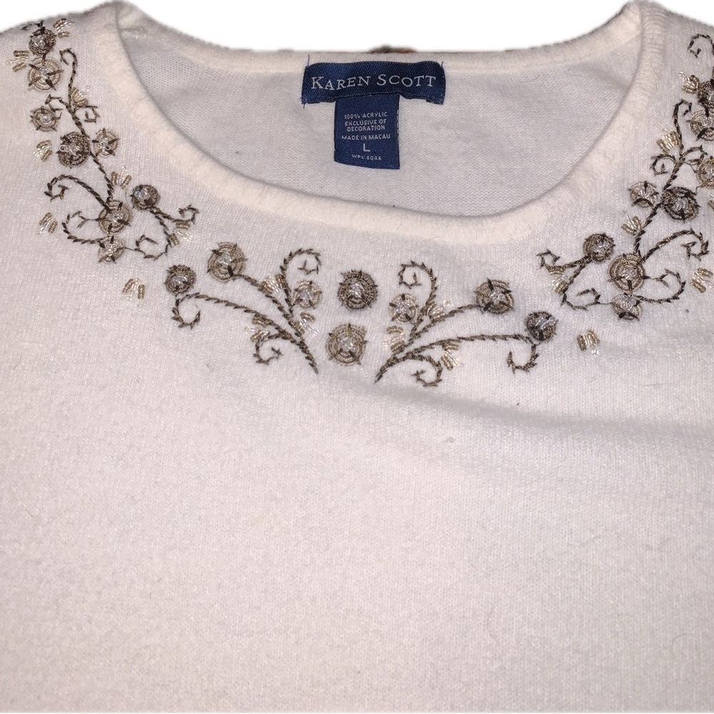 Karen Scott Beaded Soft Cream White Crew Neck Vintage Style Sweater Large